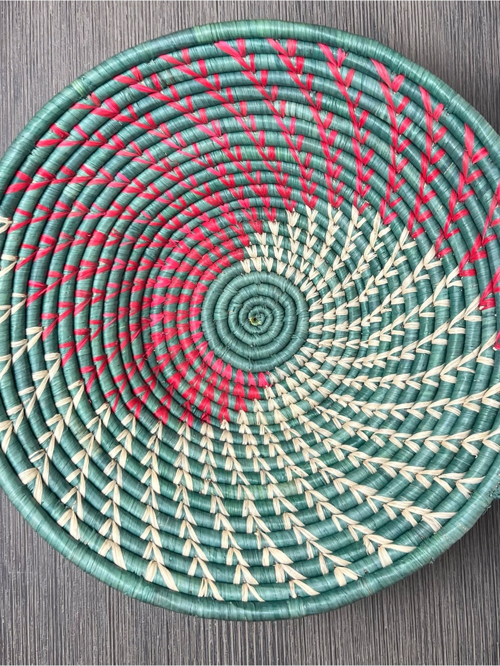 Handwoven Round Decorative African Basket - Teal, Natural, Coral